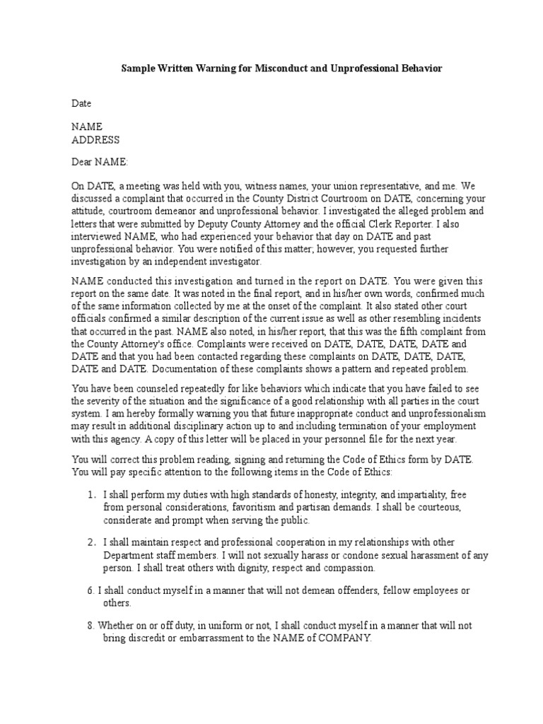 Sample Written Written Warning for Misconduct and ...