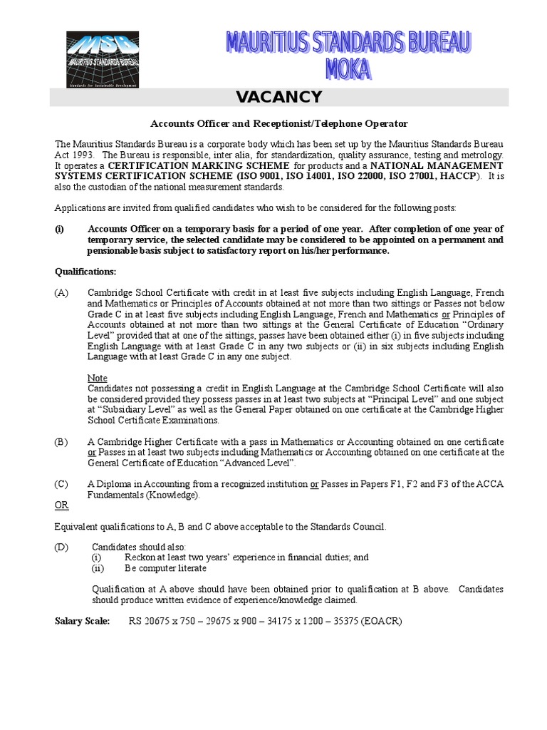 Advert Accounts Officer Receptionist | PDF | Academic Certificate |  Qualifications