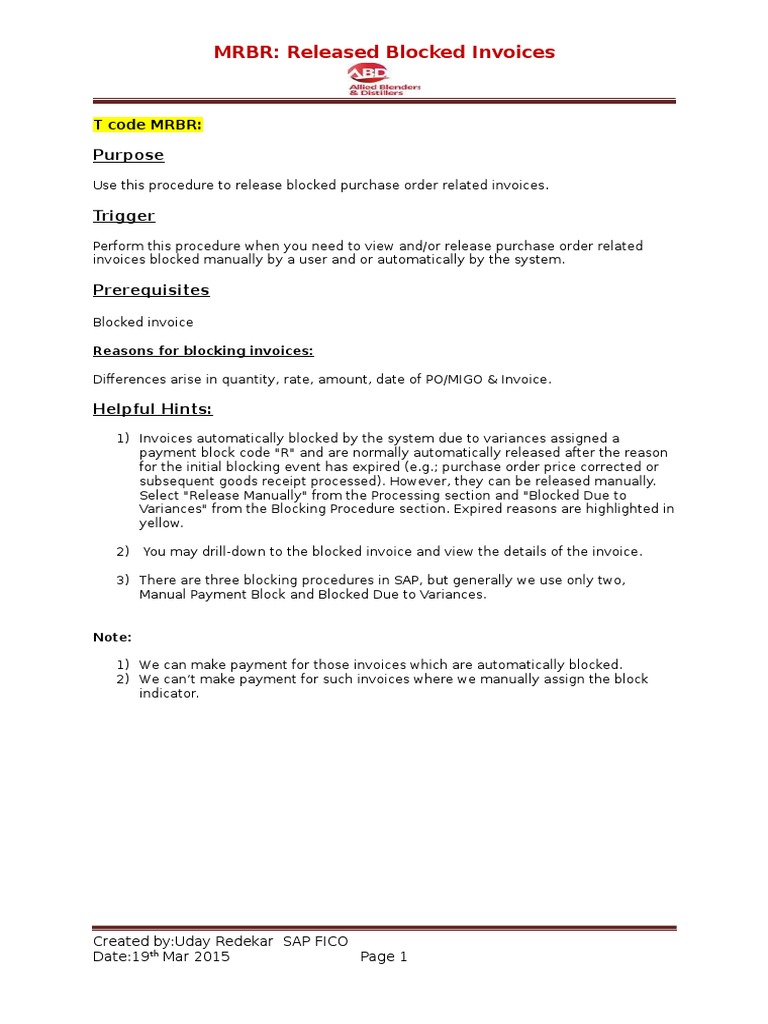 MRBR: Released Blocked Invoices: Purpose | PDF