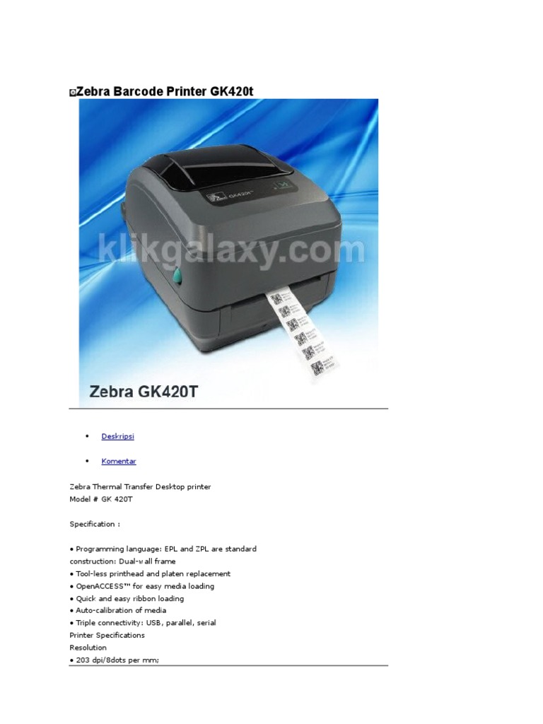 zebra gk420t specs