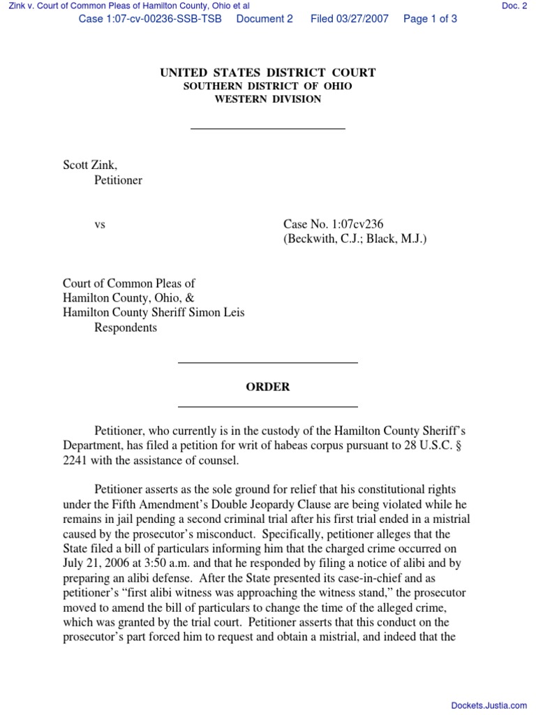 Zink v. Court of Common Pleas of Hamilton County, Ohio Et Al Document No. 2 PDF Double