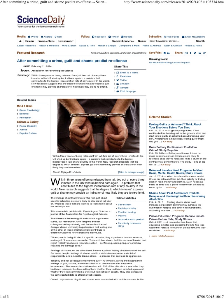 After Committing A Crime, Guilt and Shame Predict Re-Offense ...