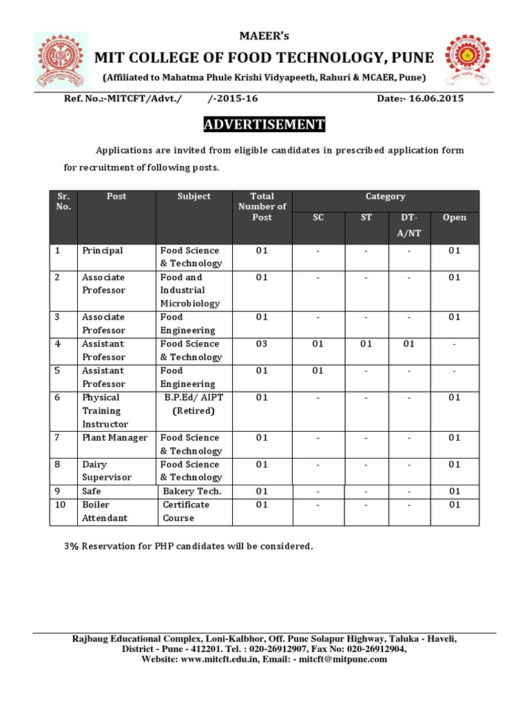 Mit College of Food Technology, Pune: Advertisement | PDF | Doctor Of ...