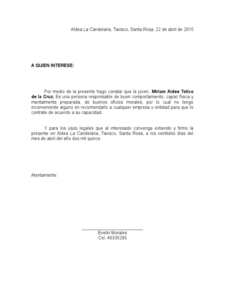 Carta de Recomendacion Personal
