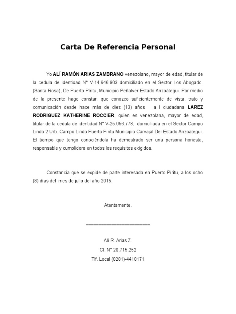 Carta De Referencia Personal