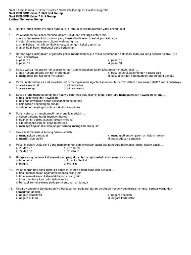 Soal Pilihan Ganda Pkn Smp Kelas 7 Semester Genap Drs Wahyu Nugroho Ok