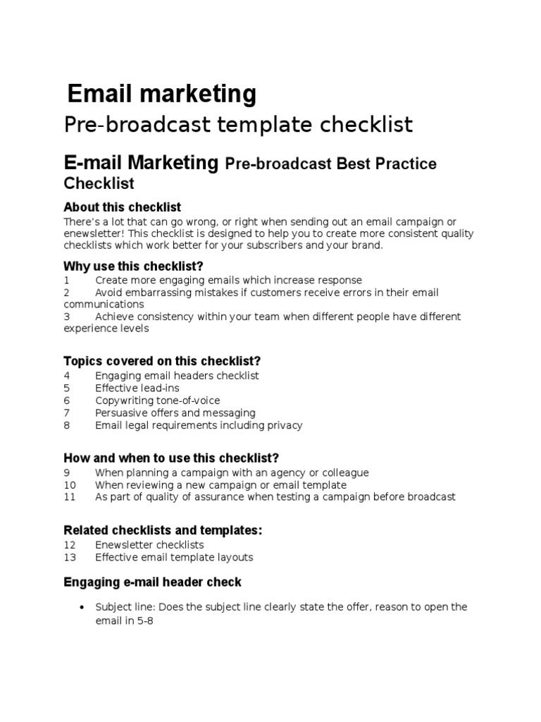 Email Marketing Pre-Broadcast Checklist | PDF | Email | World Wide Web