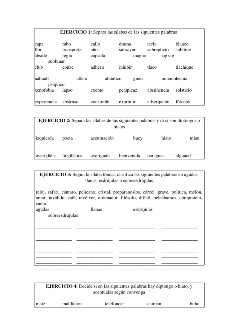 Ejercicios de Separación de Sílabas | PDF | Voz humana | Fonética