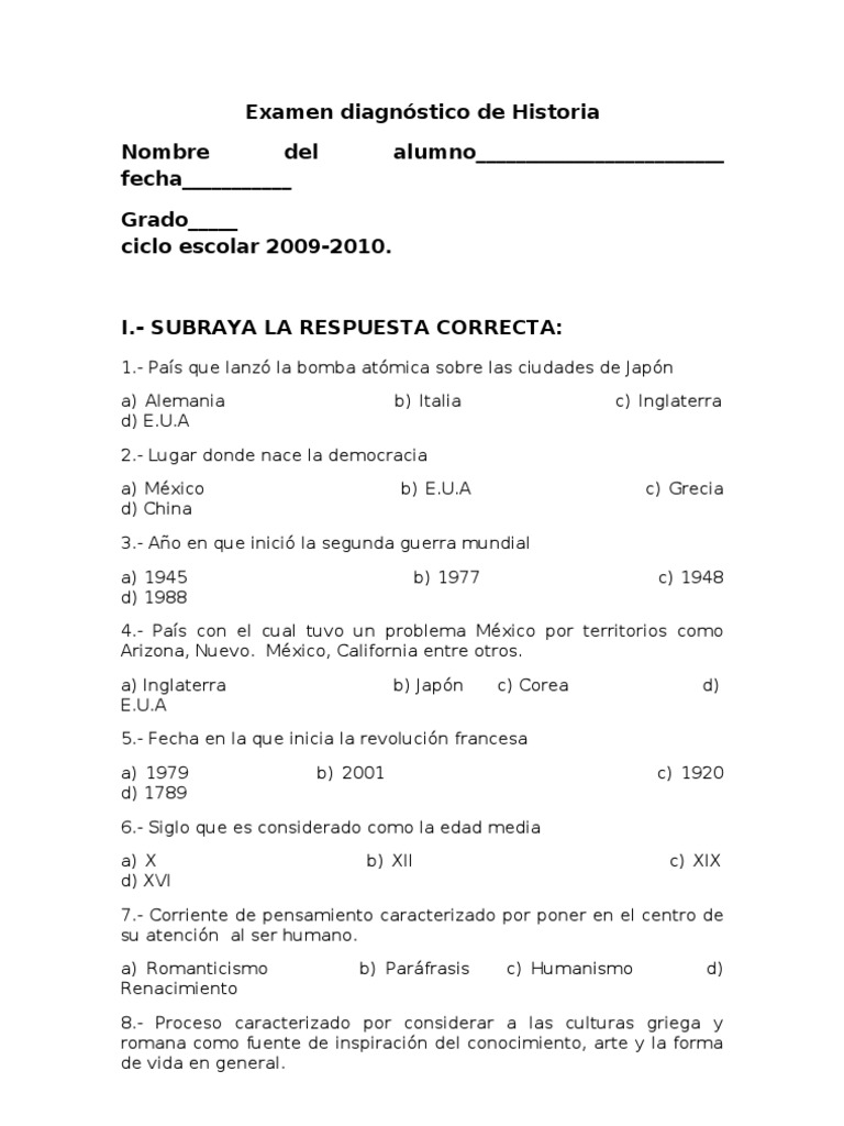 Examen diagnóstico de Historia