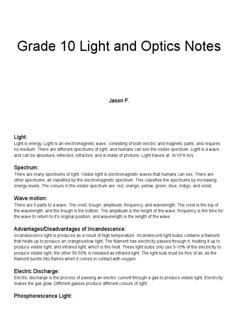 Grade 10 Light and Optics Notes Refraction Lens (Optics)