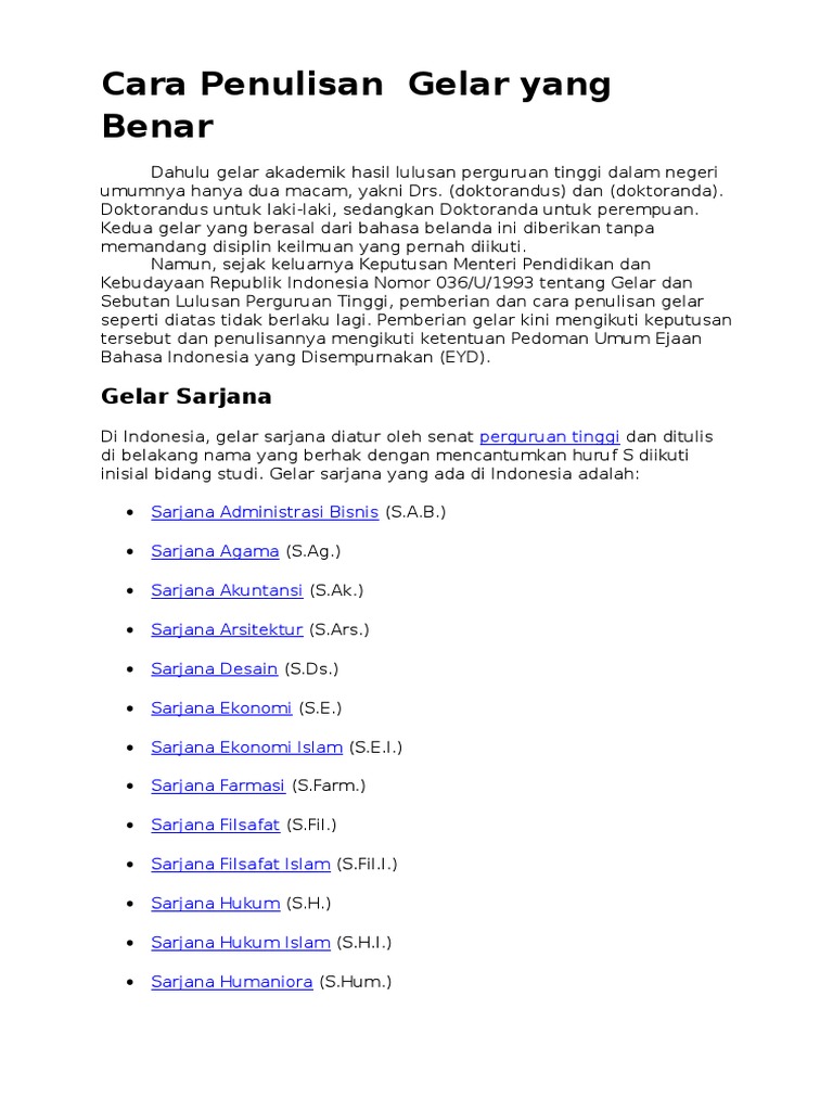 Cara Penulisan Gelar Yang Benar