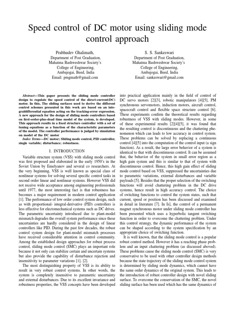 DC Motor Speed Control via Sliding Mode | PDF | Systems Science ...