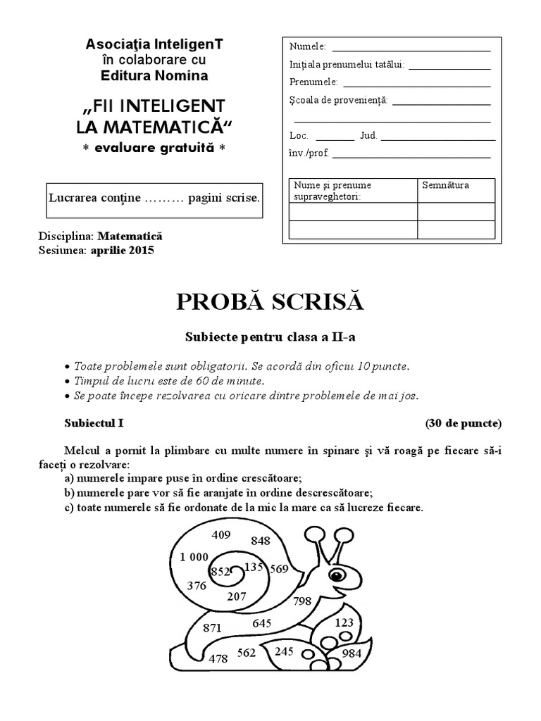 Foaie Concurs Fii Inteligent Clasa 2