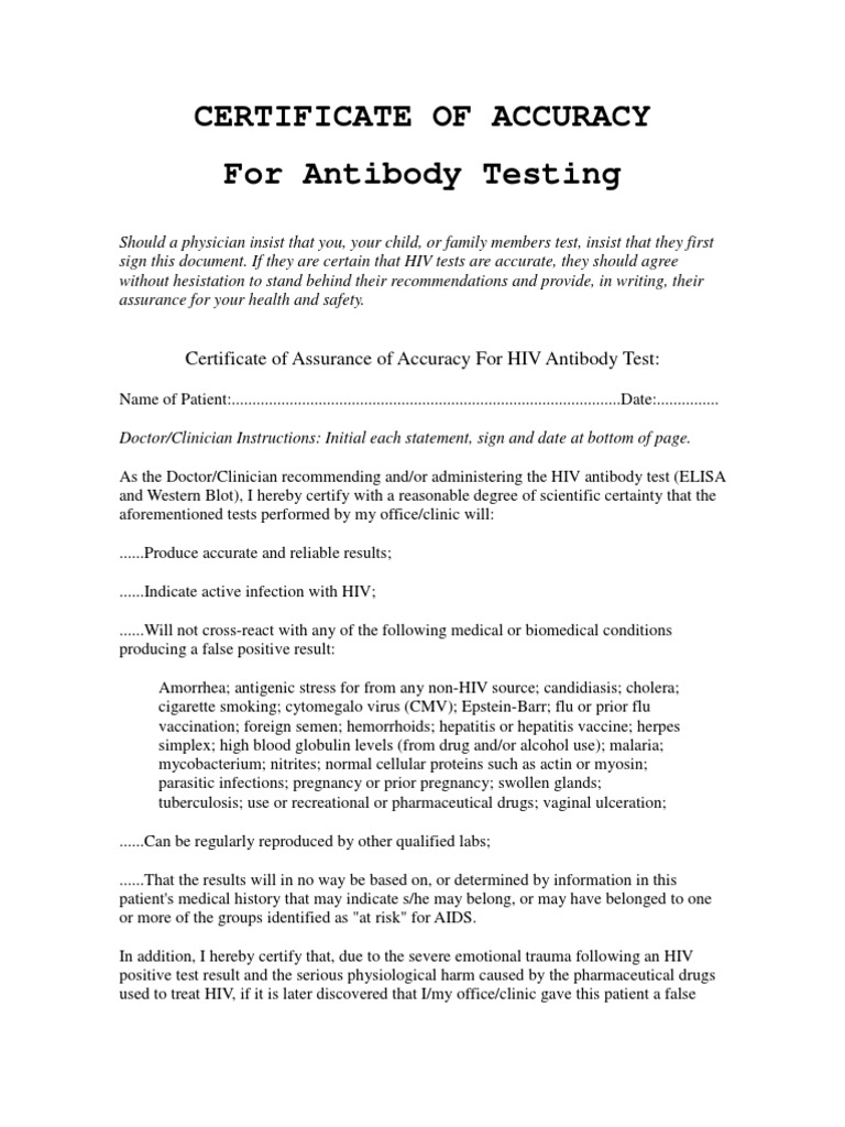 Certificate of Accuracy For "HIV" Antibody Testing PDF Diagnosis Of