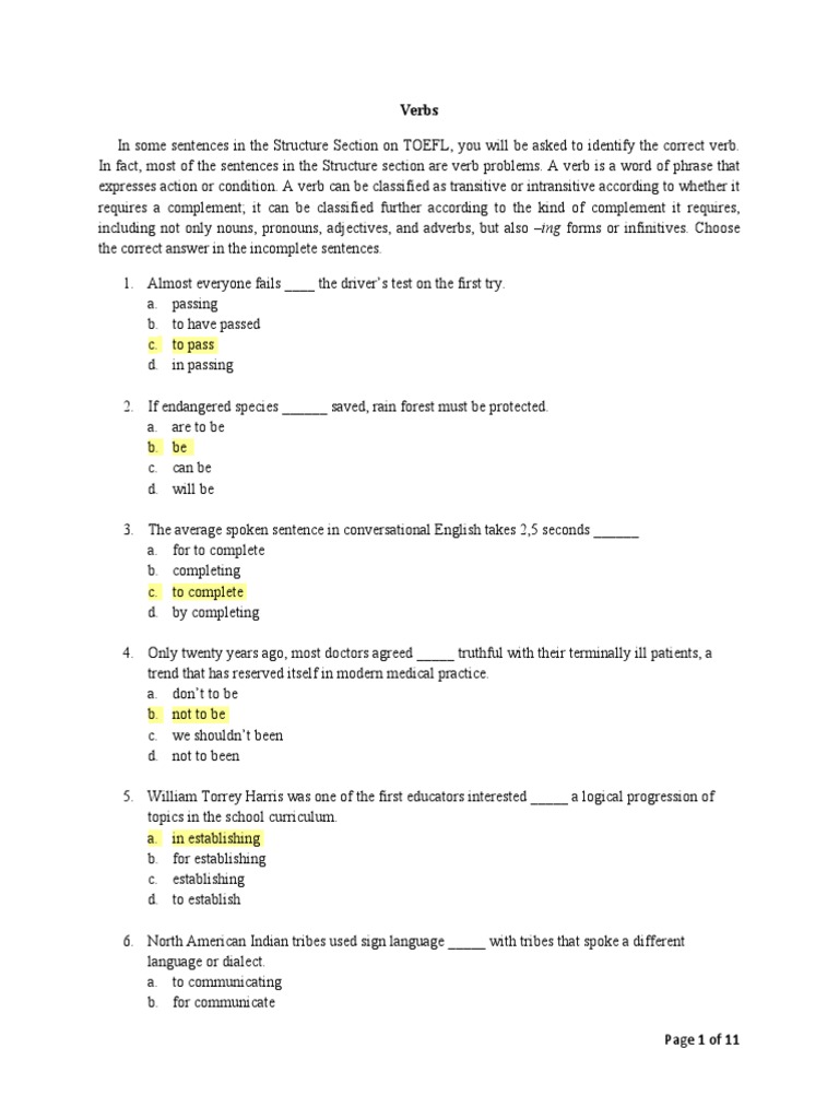 TOEFL Grammar Practice Exercises | PDF | Grammatical Gender | Verb