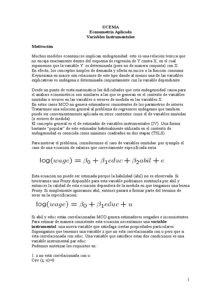 NOTAS CLASE 8 Variables Instrumentales | PDF | Endogeneidad ...