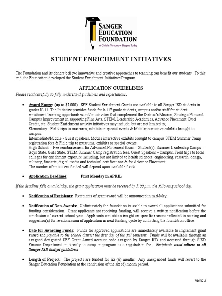 Application Student Enrichment Initiative Grants | PDF | Science ...