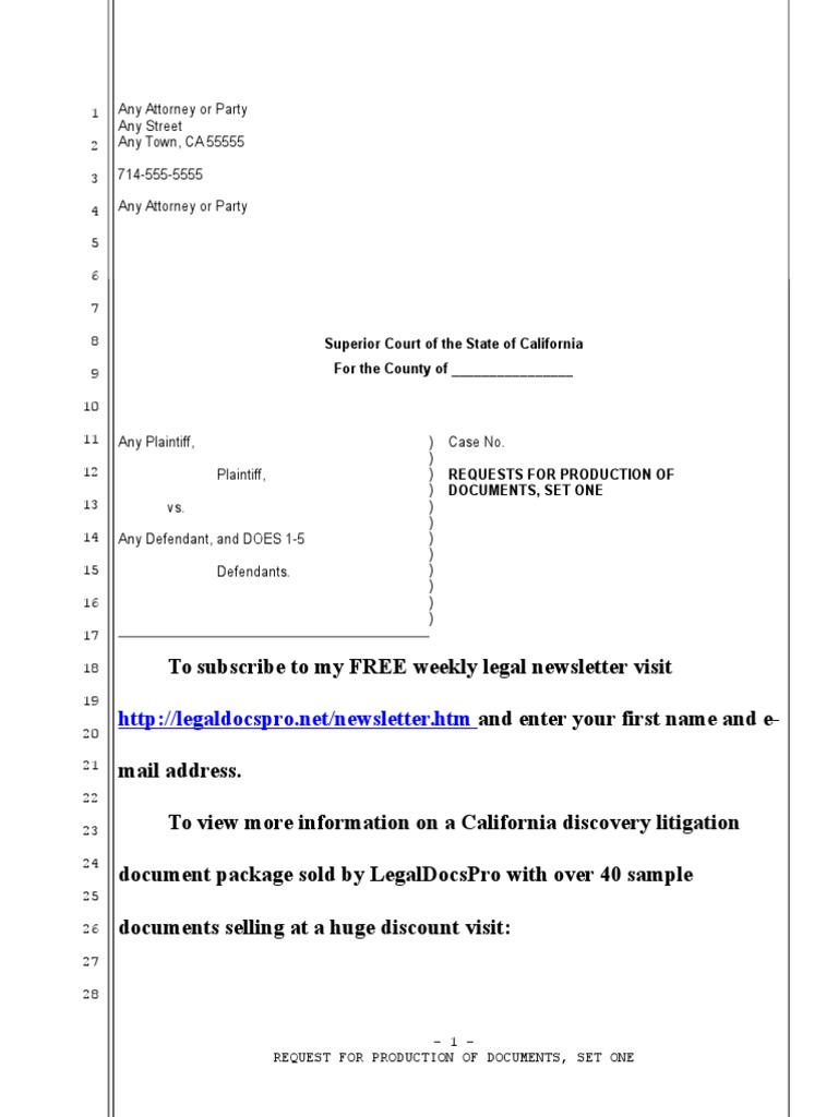 Sample Request For Production of Documents For California | PDF 
