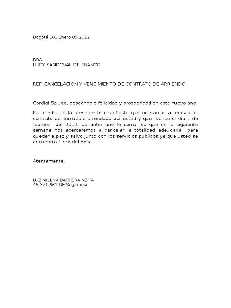 modelo de Cancelacion Del Contrato de Arrendamiento Bogota