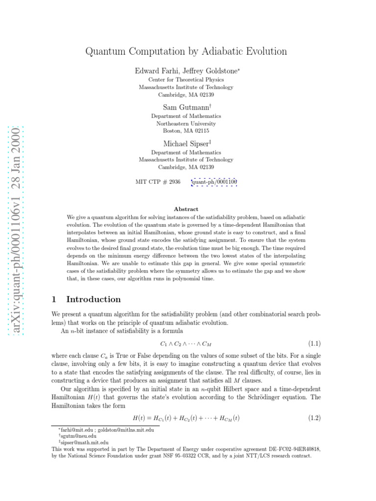 Quantum Computation by Adiabatic Evolution | PDF | Business
