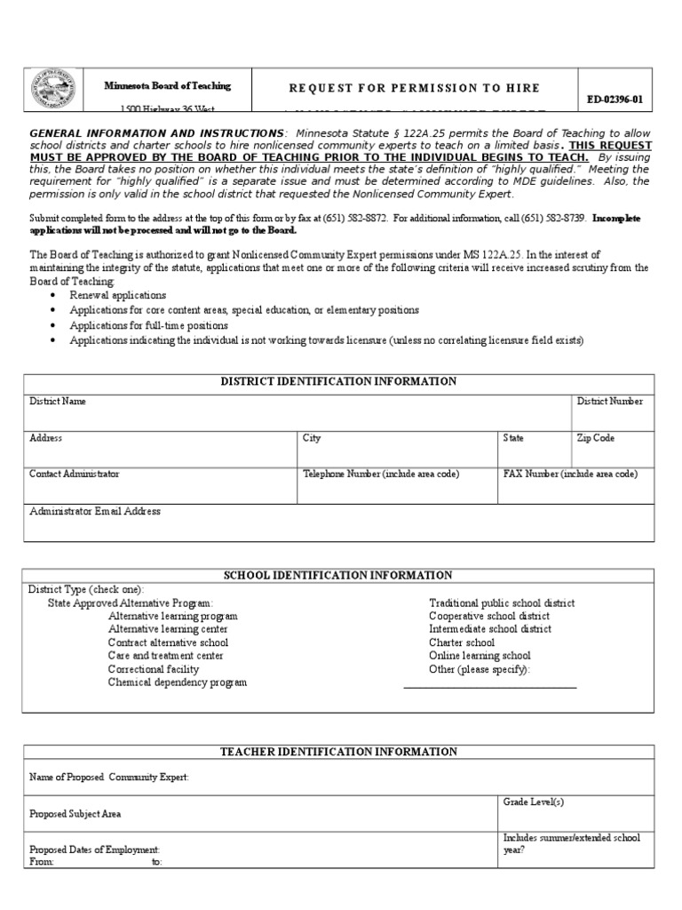 request for permission to hire non-licensed community ...