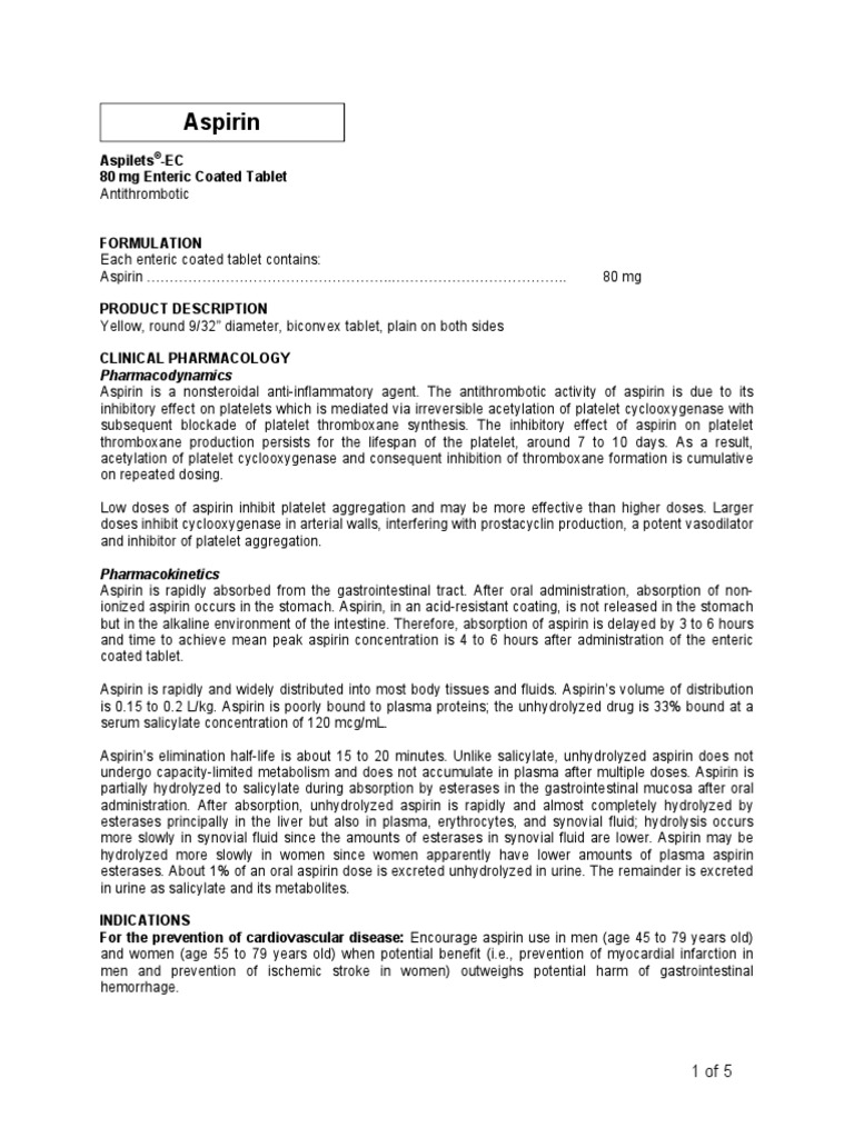 Aspilets EC Aspirin Nonsteroidal Anti Inflammatory Drug