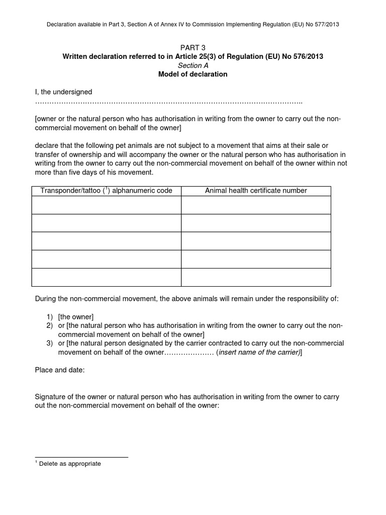 Non-Commercial Pet Movement Declaration | PDF