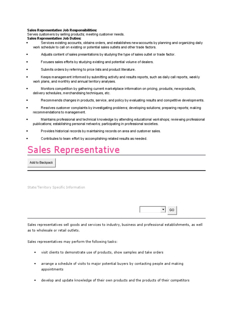 Sales Representative Job Responsibilities PDF Sales Retail