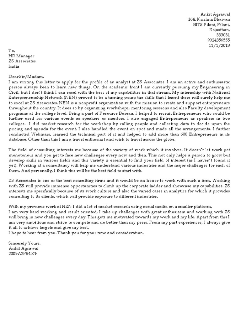 ZS Associates Cover Letter | Entrepreneurship | Communication