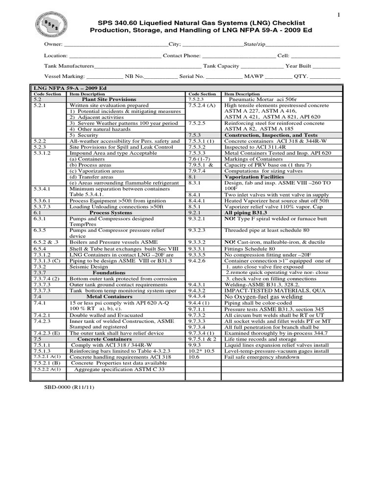 Checklist de NFPA 59A Pipe (Fluid Conveyance) Liquefied Natural Gas