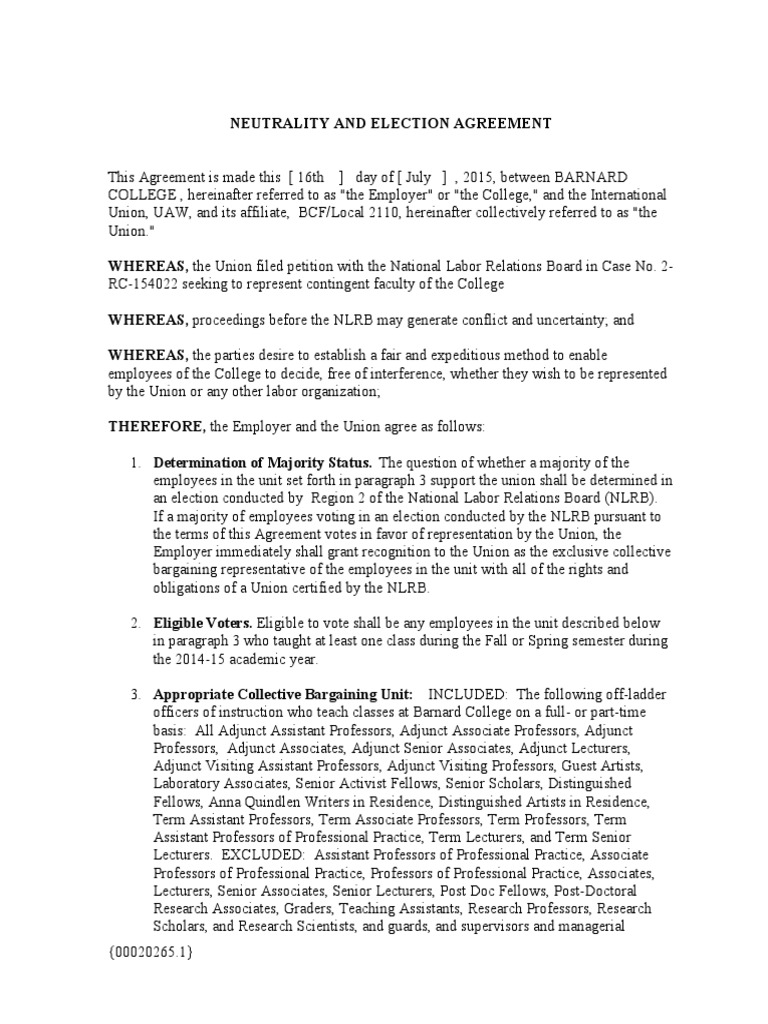 Barnard Neutrality and Election Agreement | PDF | Arbitration | Lecturer