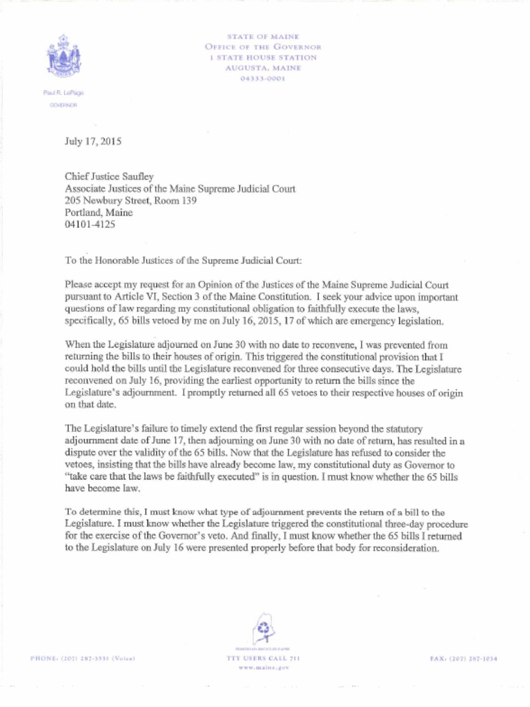 Gov LePage "Solemn Occasion" Letter Request to Justices