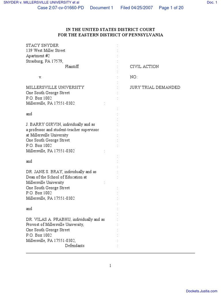 SNYDER v. MILLERSVILLE UNIVERSITY Et Al Document No. 1 PDF