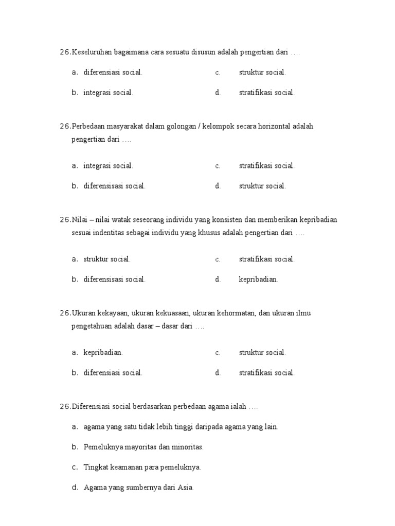 Soal Sosiologi Diferensiasi Sosial