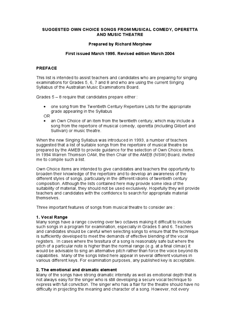 Grade 5 Musical Theatre Song List | PDF | Singing | Musical Theatre