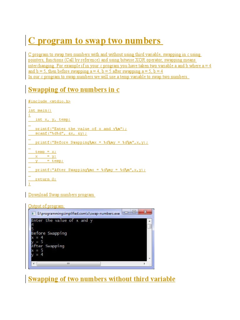 C Program To Swap Two Numbers | PDF | String (Computer Science) | Array ...