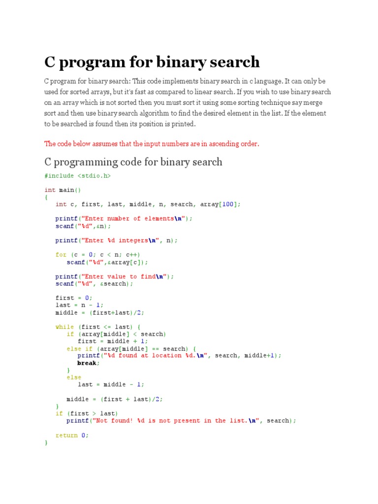 C Program for Binary Search