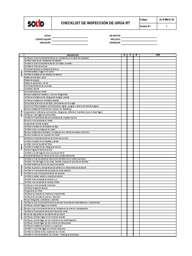 Checklist de Inspección Grúa RT | PDF | Bomba | Vehículos