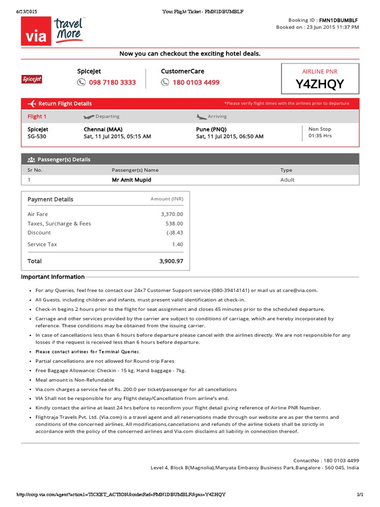 SpiceJet Flight Ticket Details | PDF