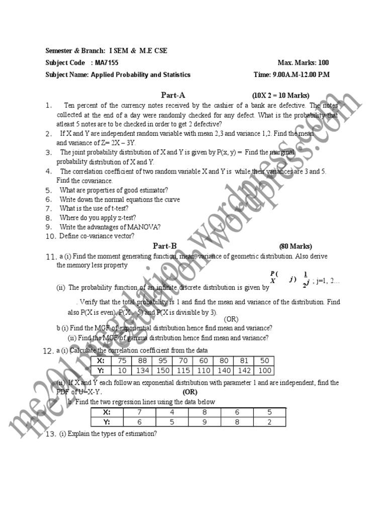 Applied Probability and Statistics Model Question Paper | PDF ...