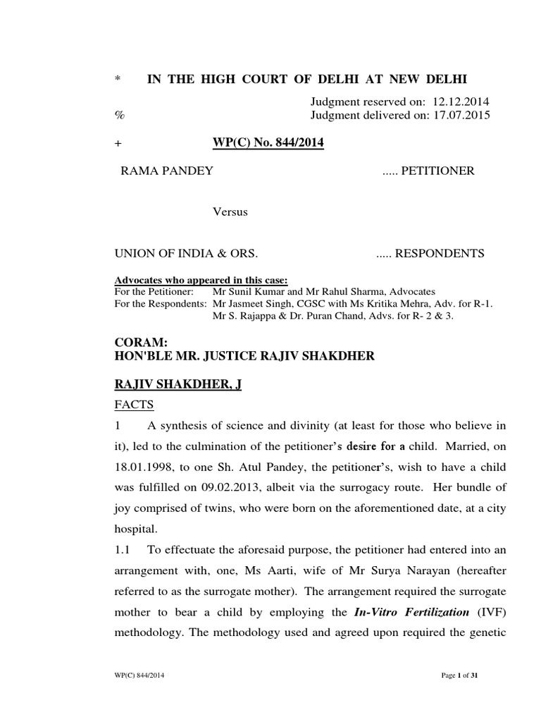 Surrogacy Maternity Leave Case WP(C) 844/2014 | PDF | Surrogacy | Mother