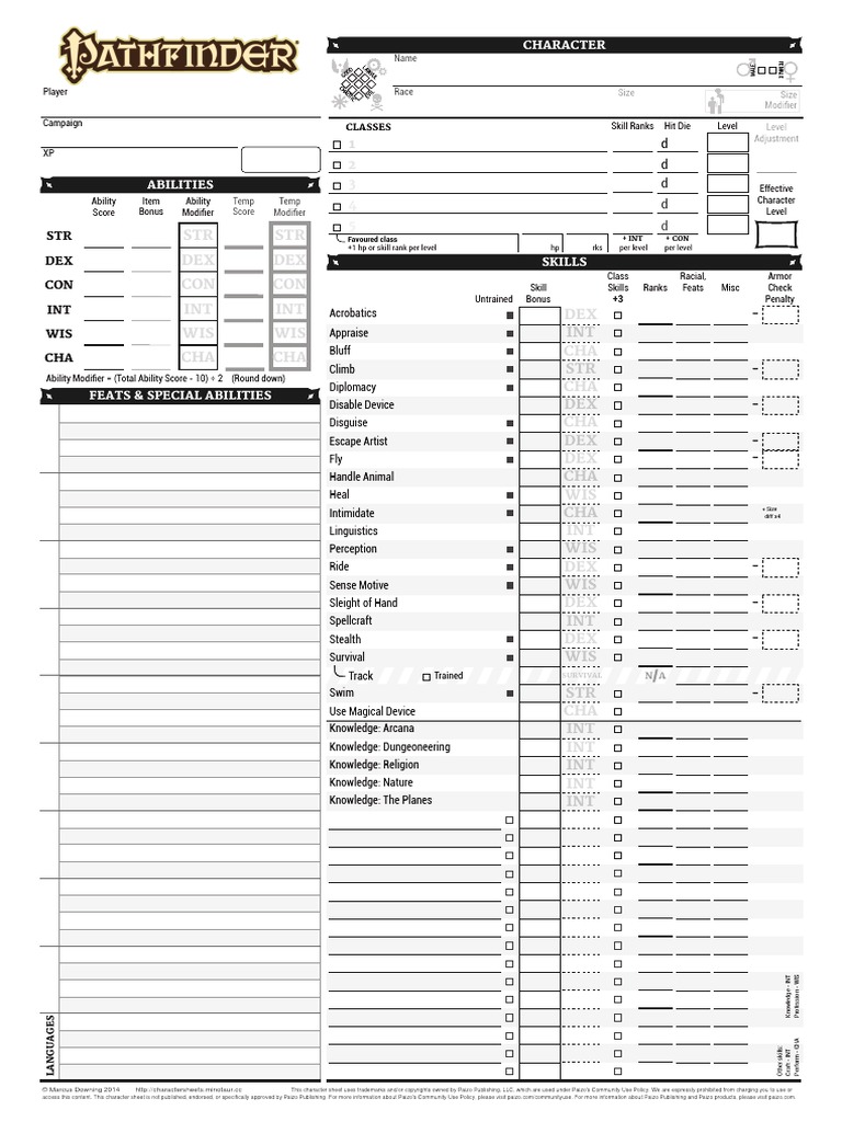 Parhfinder Sheets | PDF | Role Playing | Tabletop Games