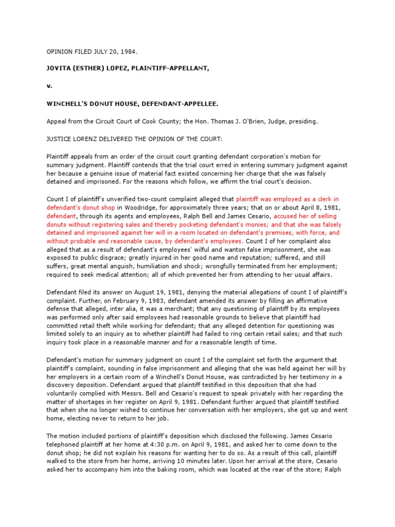 Lopez v. Winchell's Donut House PDF Summary Judgment Deposition (Law)
