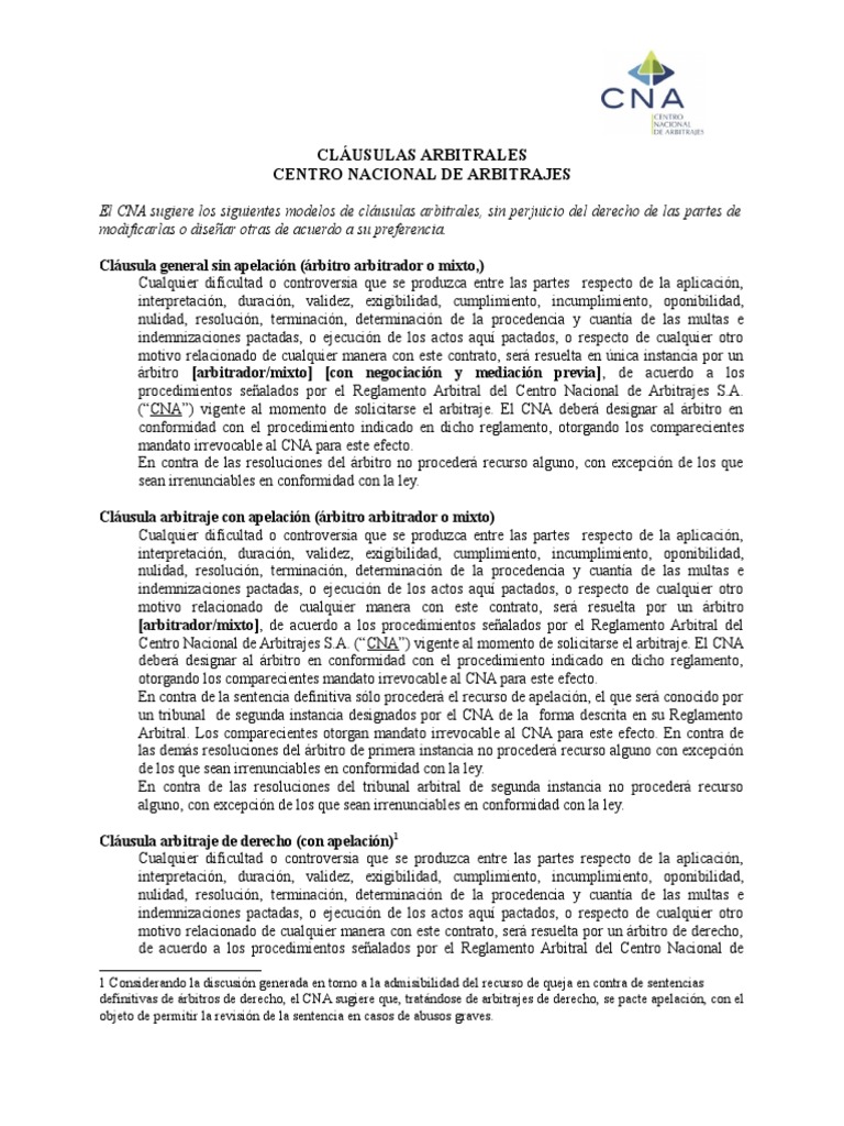 Modelos de cláusulas arbitrales y facultativa de multa por