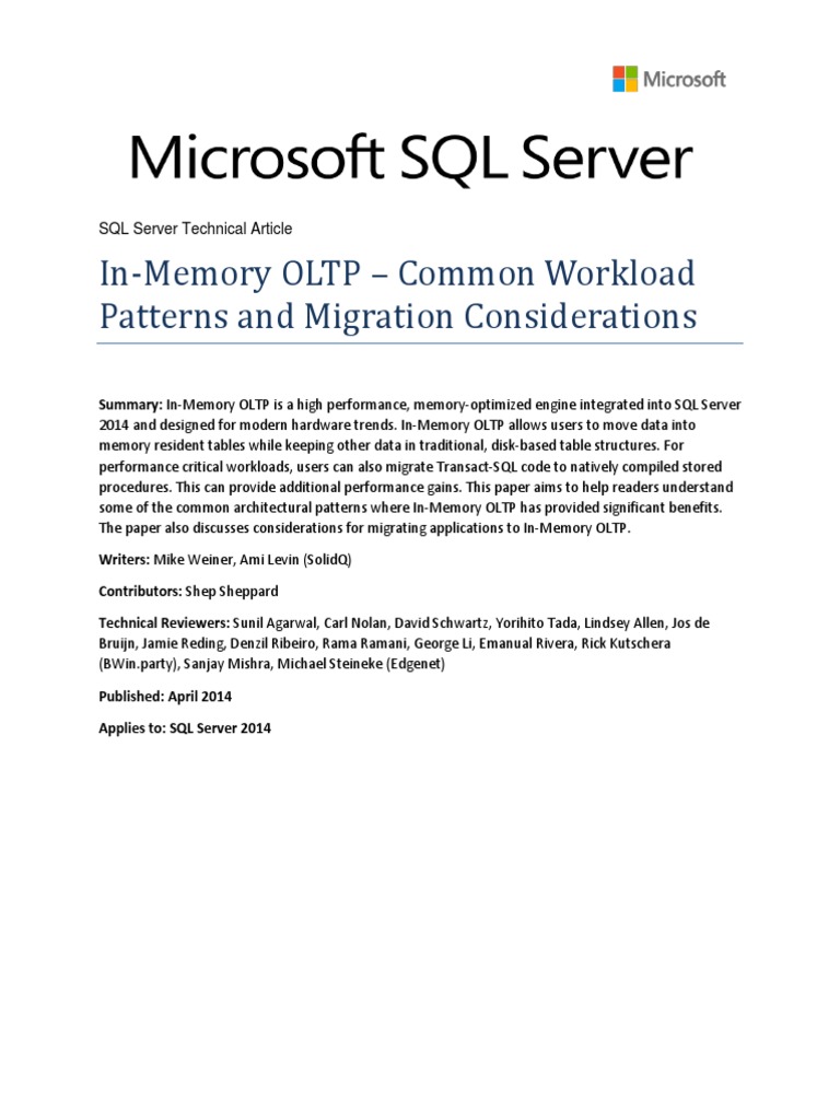 SQL Server 2014 In-Memory OLTP Workload Patterns and Migration ...