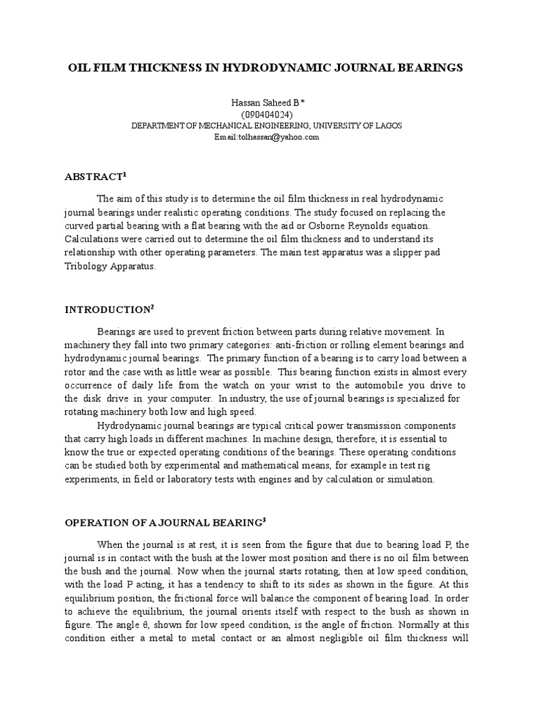 Hassan Saheed B 090404024 Group 9 (Oil Film Thickness in Hydrodynamic Journal Bearings) PDF