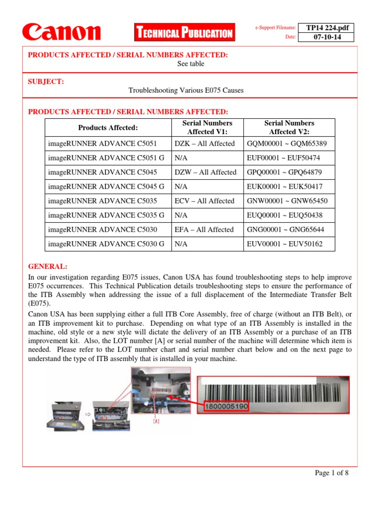 E075 Troubleshooting for ITB Assemblies | PDF | Photocopier | Portable ...