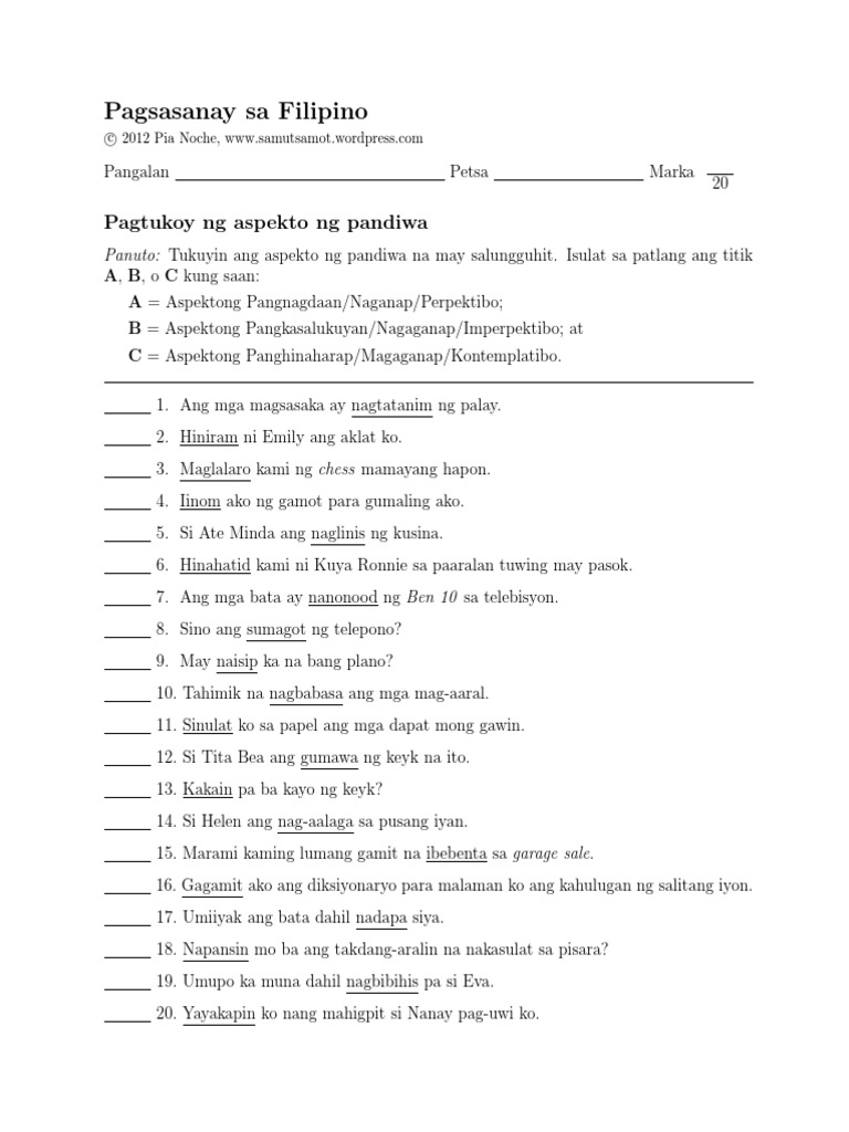 Aspekto Ng Pandiwa Test Pdf