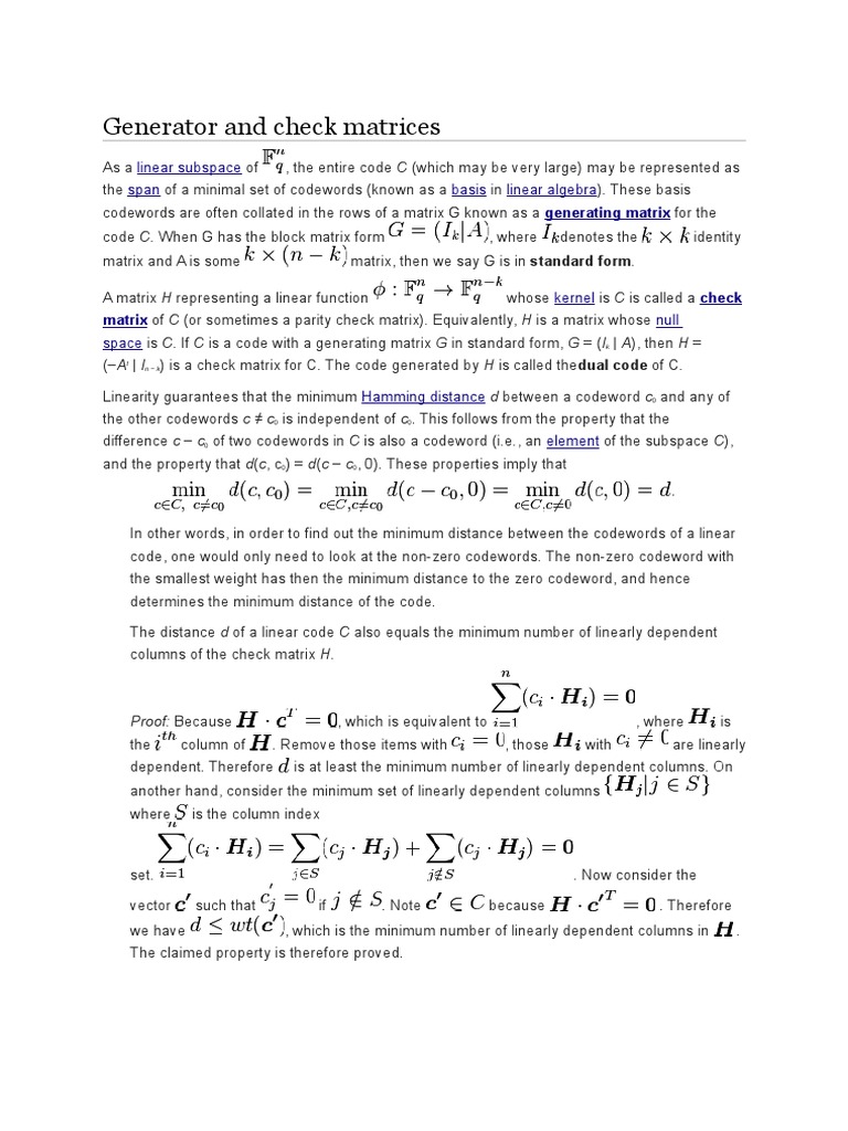 Generator and Check Matrices | PDF