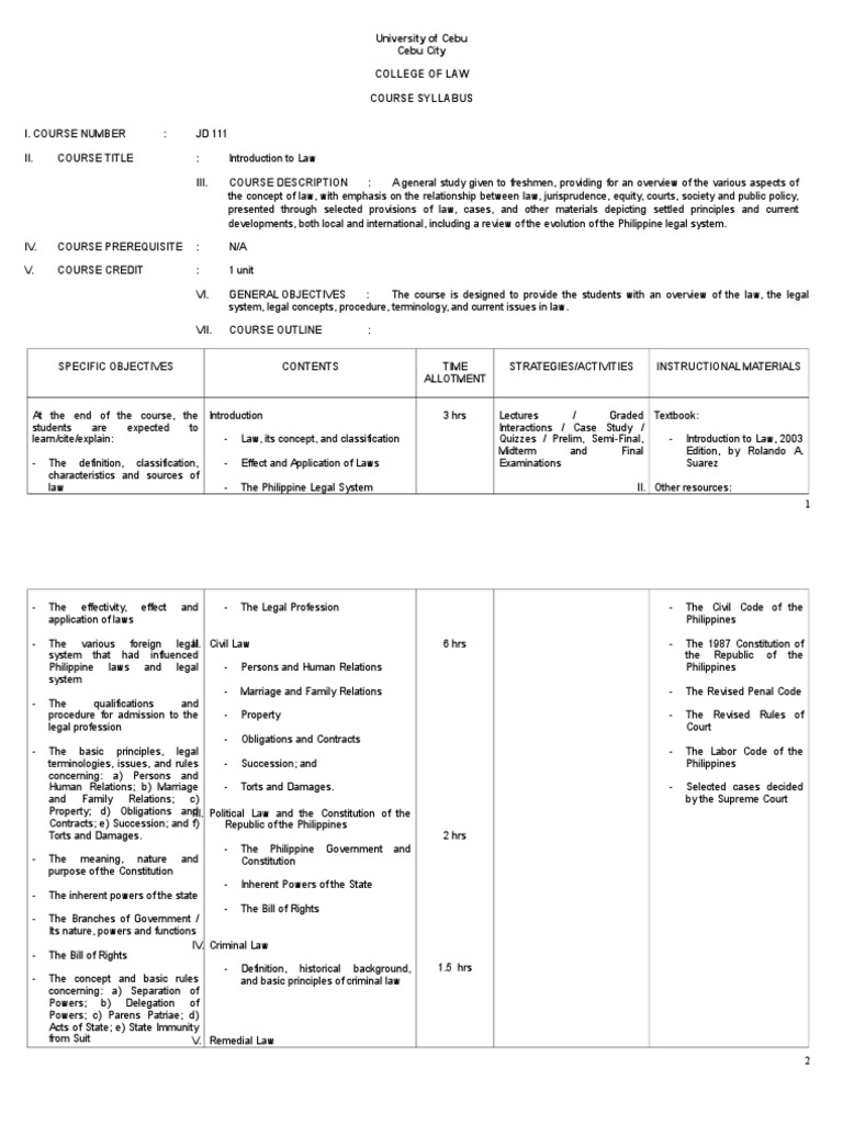 Introduction To Law Course Syllabus F Pdf U S State Jurisprudence